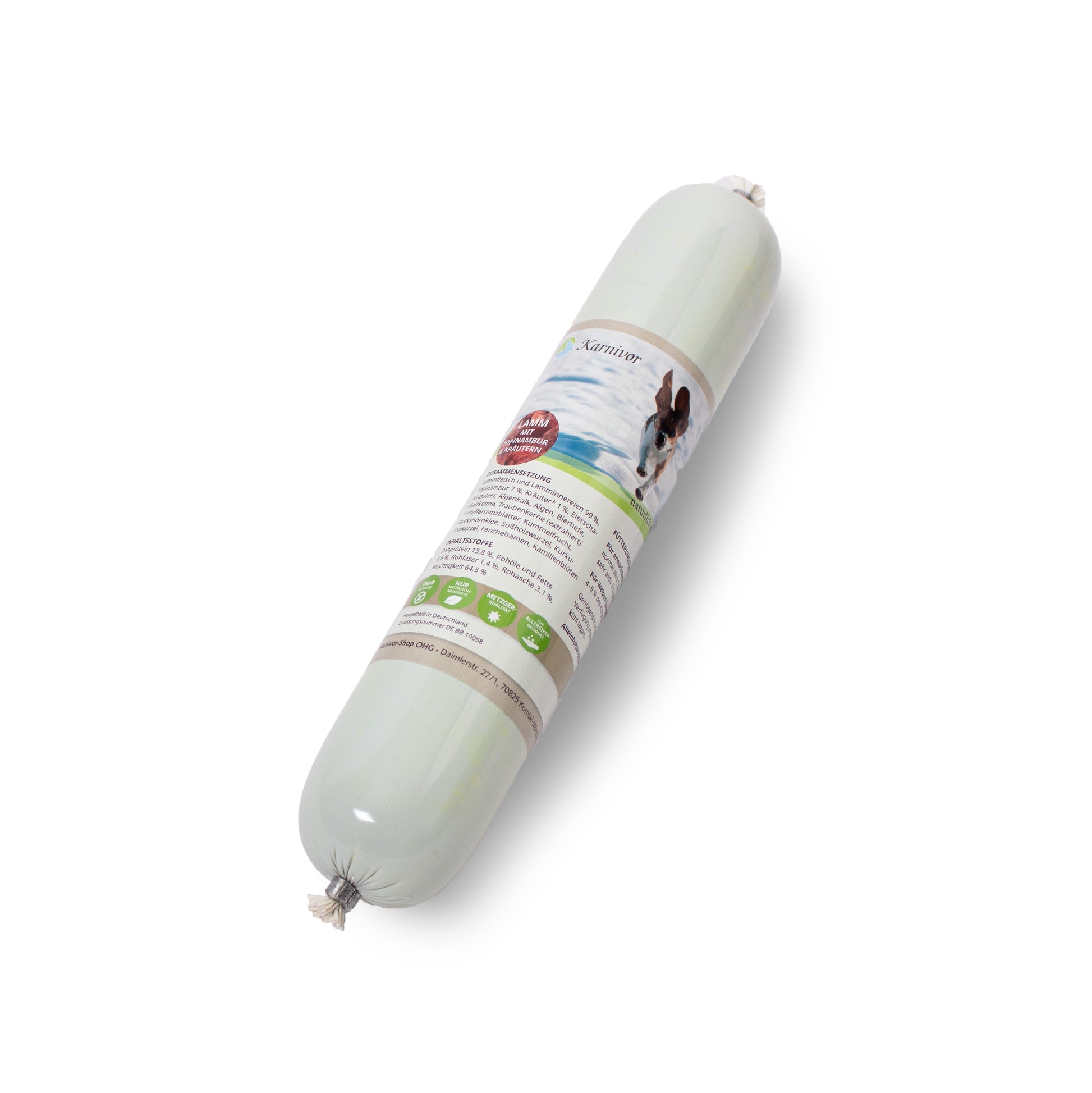 Metzgerrolle Lamm von Karnivor – schnittfeste BARF-Wurst als Alleinfutter für Hunde