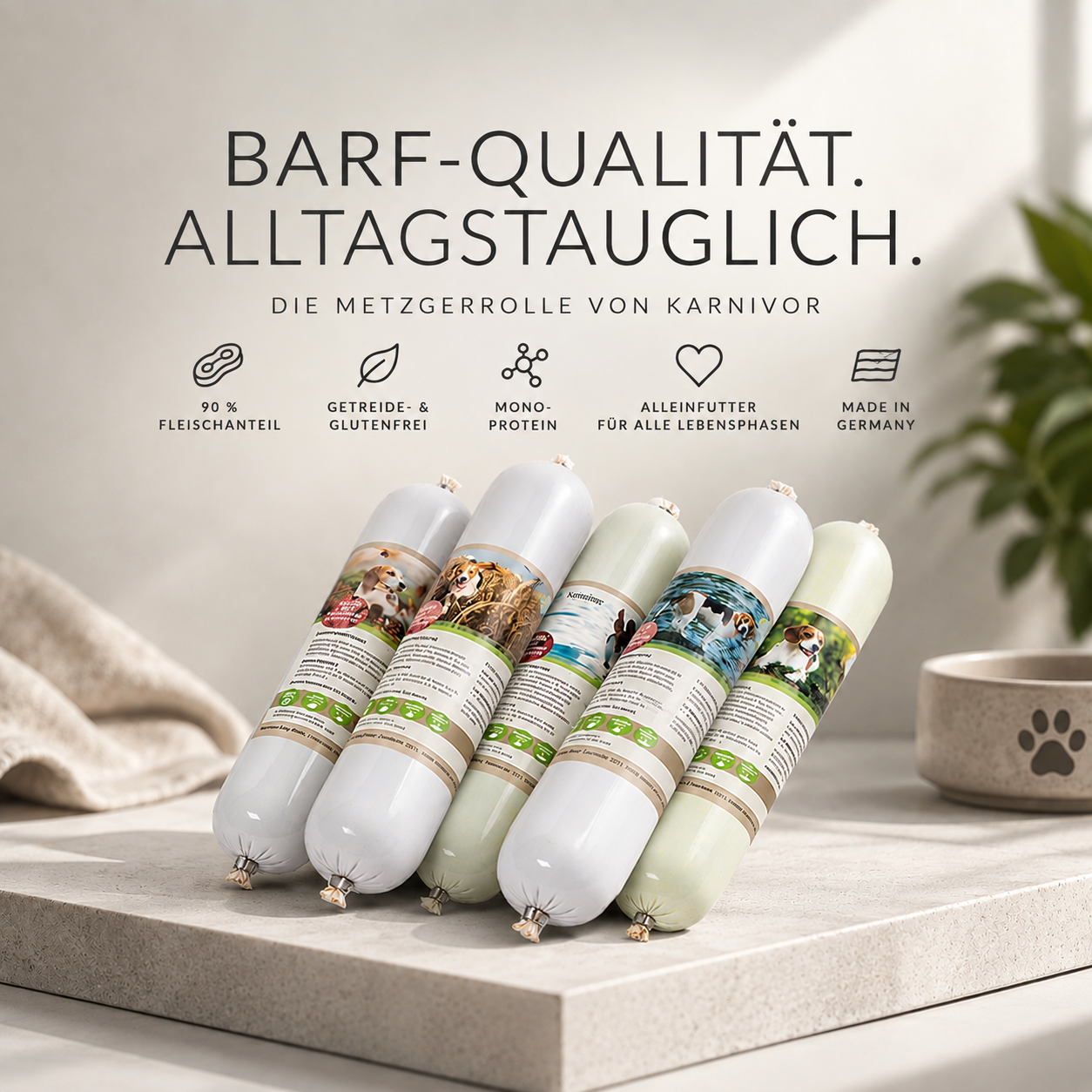 Karnivor Metzgerrolle Mixpaket – alle fünf BARF-Sorten als Alleinfutter für Hunde