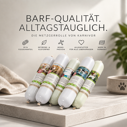 Karnivor Metzgerrolle Mixpaket – alle fünf BARF-Sorten als Alleinfutter für Hunde